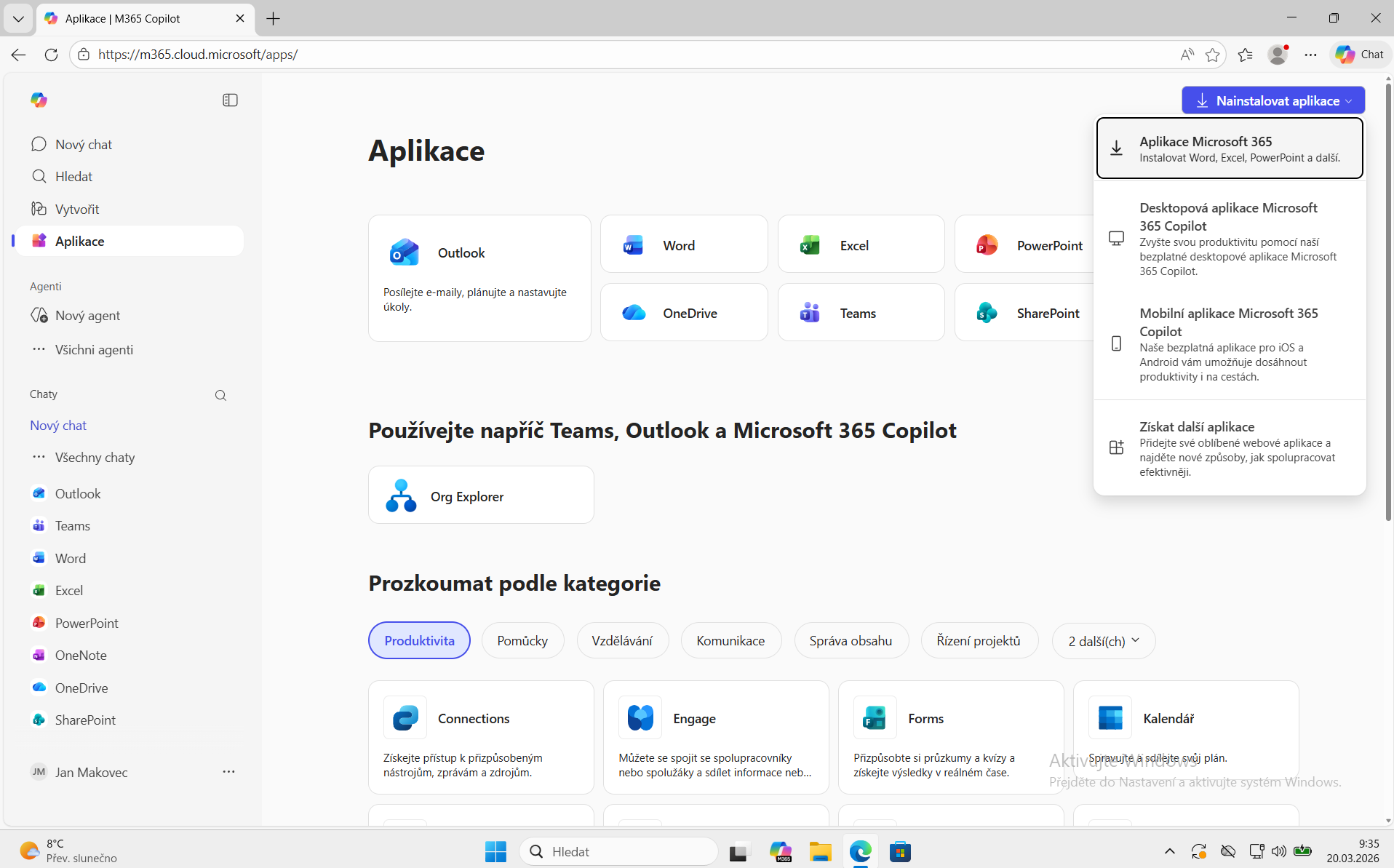 stránka po přihlášení office 365